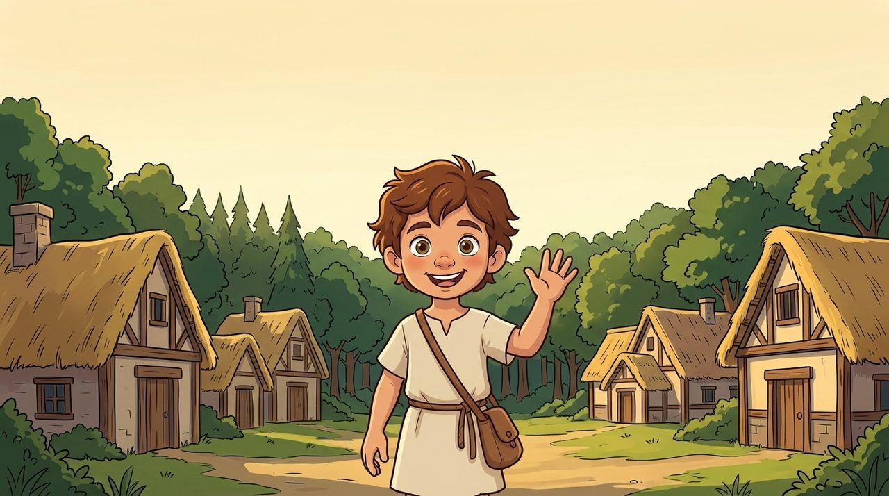 Panel 1, Leo in the village near the woods
