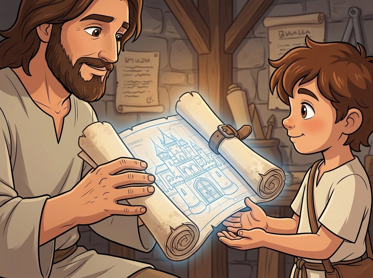 Panel 3, the Master Builder gives Leo the Blueprint