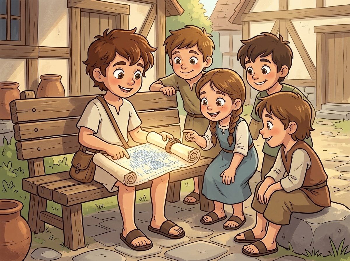 Panel 4, Leo shows the Blueprint to the village