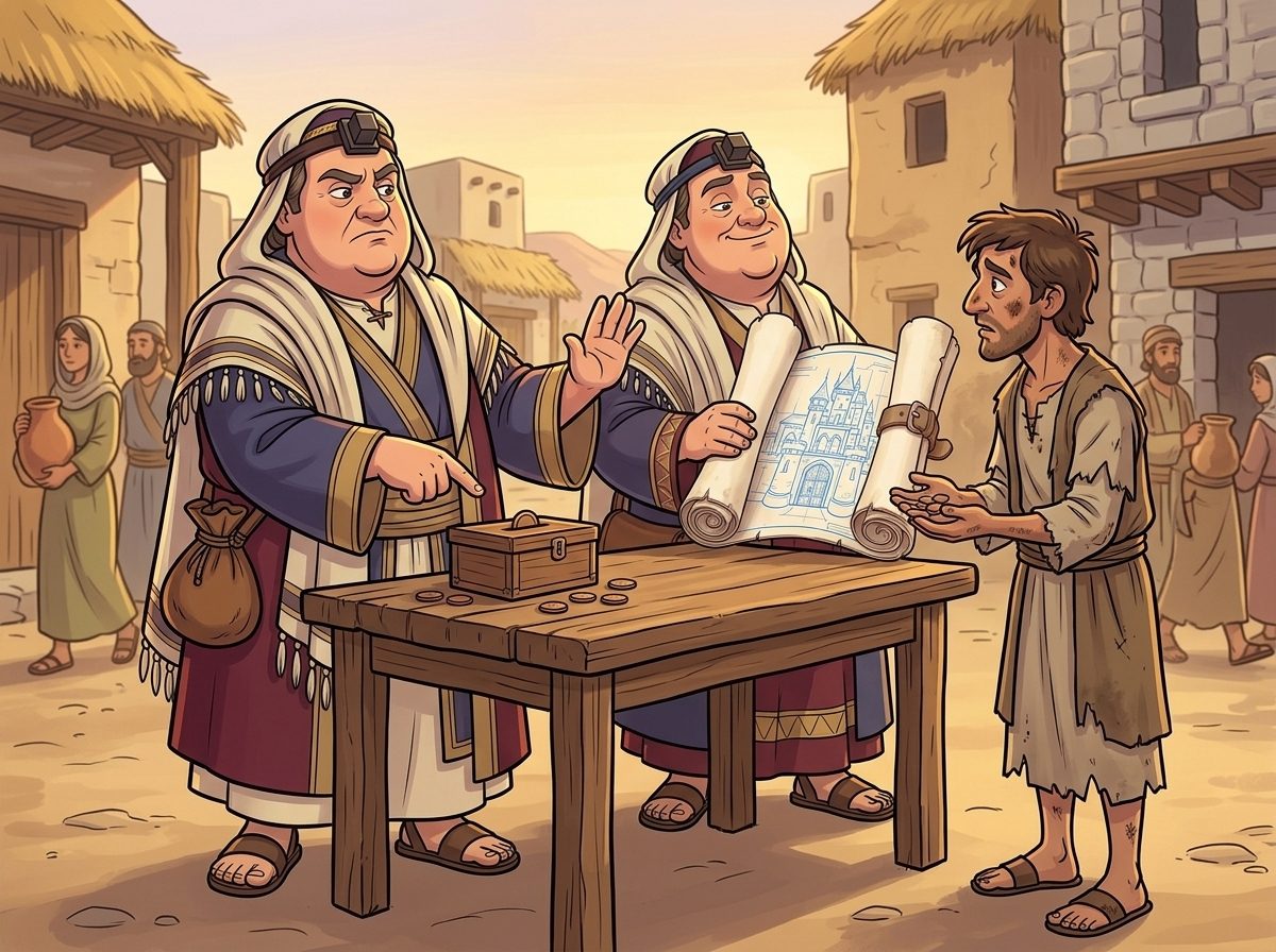 Panel 6, the Keepers charge villagers to see the scroll