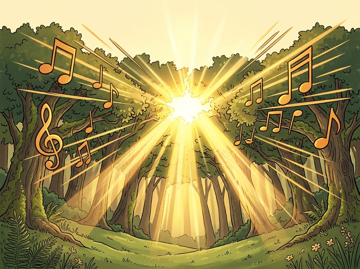 Panel 8, a trumpet blows through the trees