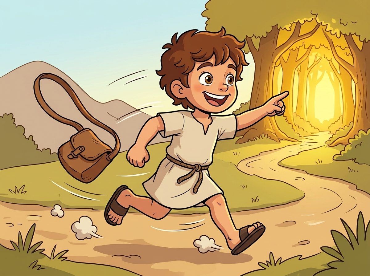 Panel 11, Leo runs toward the forest gates