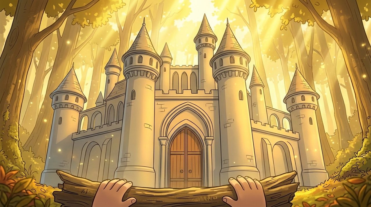 Panel 15, Leo sees the finished castle in the forest