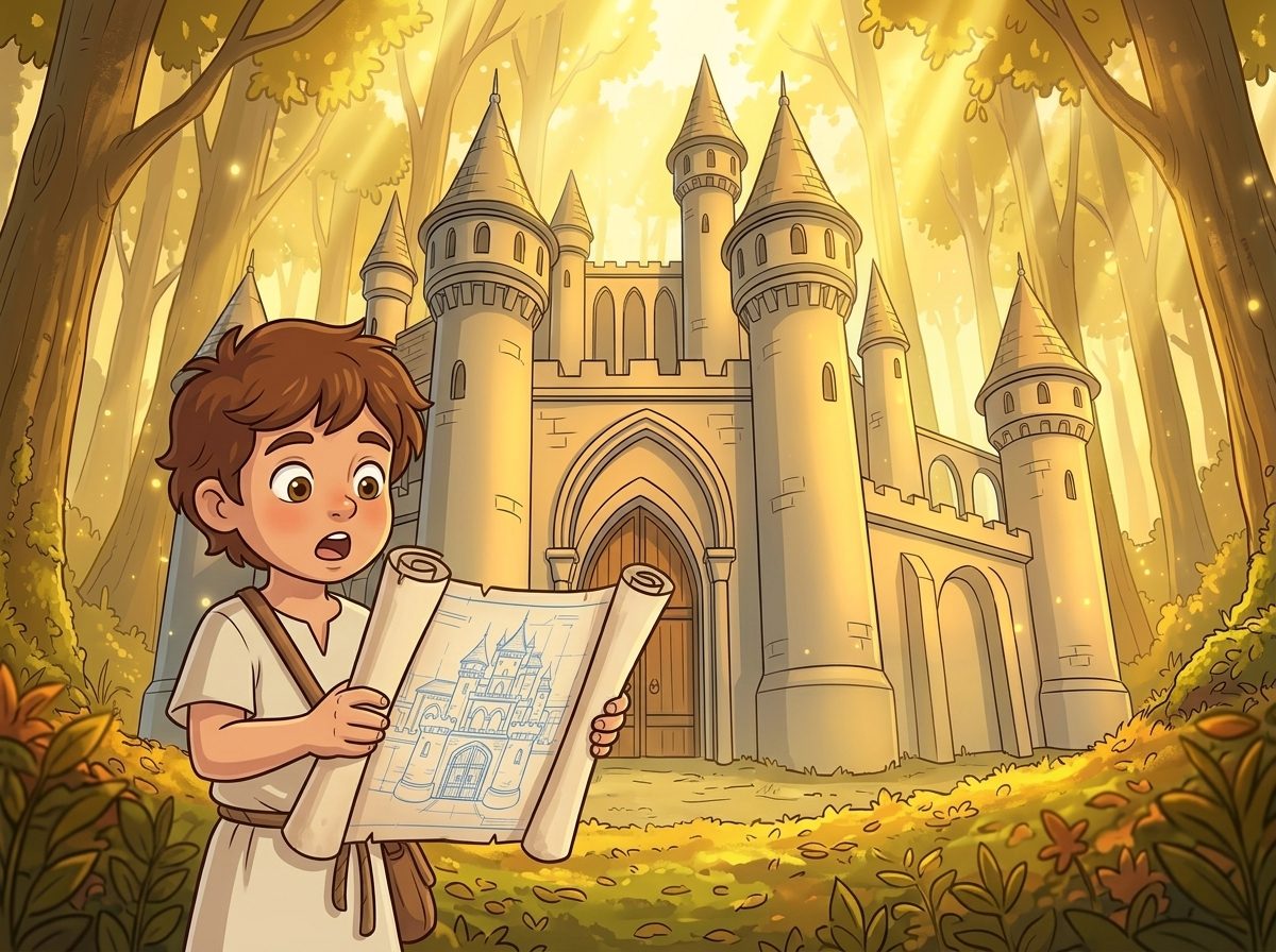 Panel 16, Leo compares the Blueprint with the castle