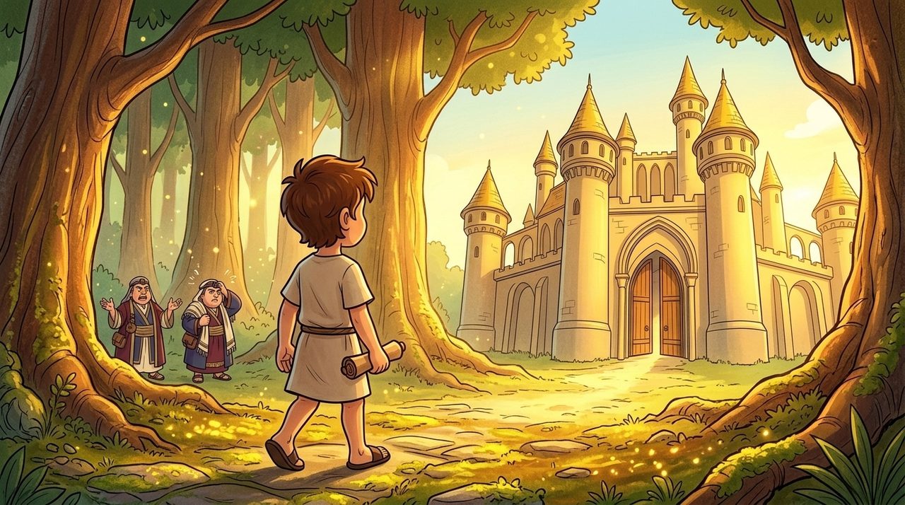 Panel 18, Leo walks through the gate into his father's kingdom